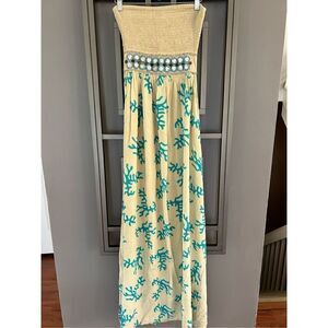 Skemo tan turquoise beaded bodice maxi dress for tall women strapless M